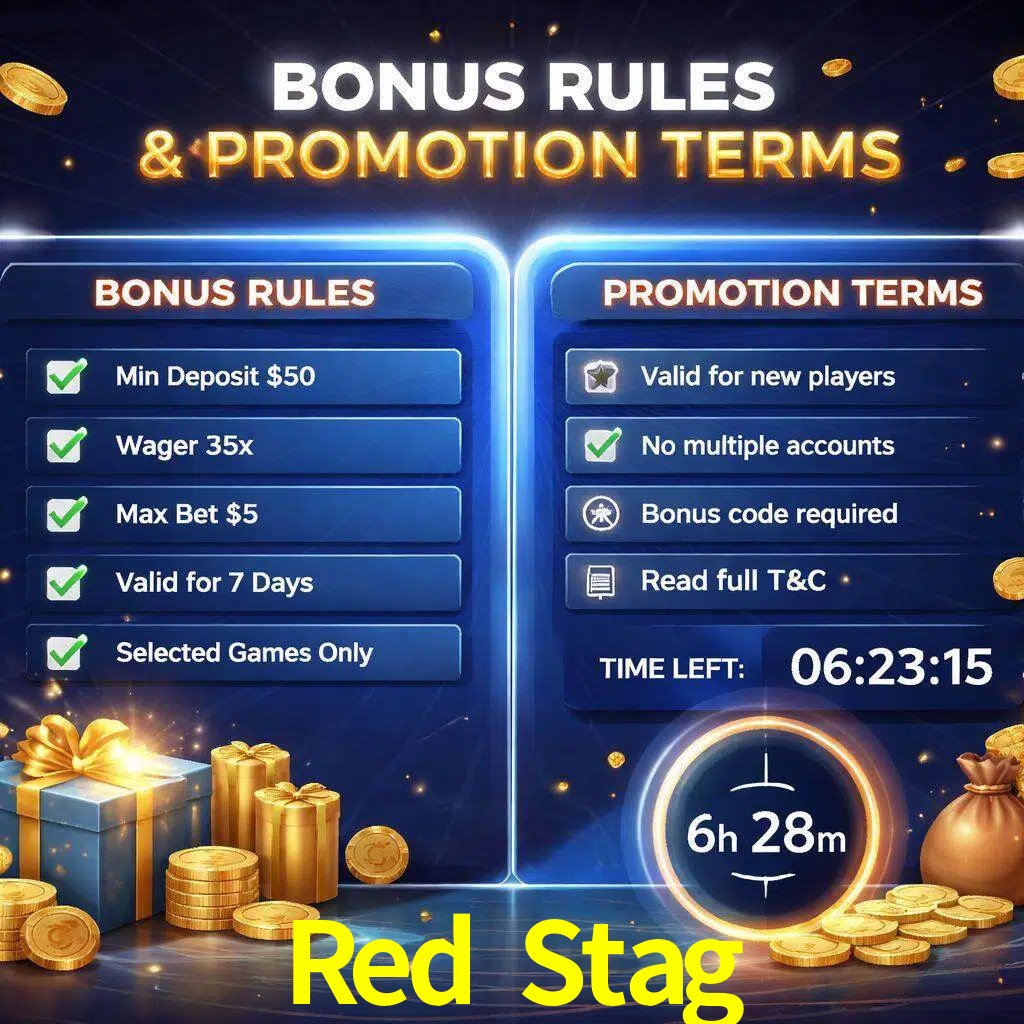 Reglas de promoción Red Stag y condiciones de bonos explicadas visualmente