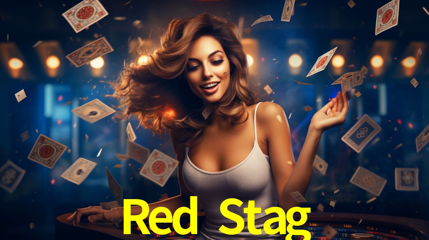 Escena dinámica inspirada en casino con iluminación Red Stag, cartas, fichas e íconos de juegos digitales en un espacio moderno de juegos.