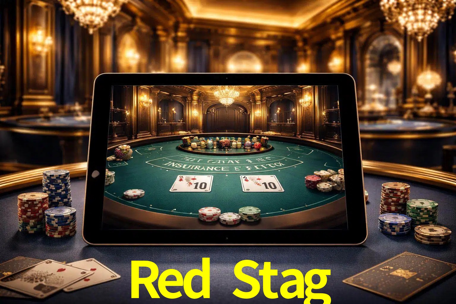 Configuración moderna de casino en vivo con una tableta mostrando una mesa de blackjack, luces cálidas de estudio y una atmósfera elegante de juegos digitales.