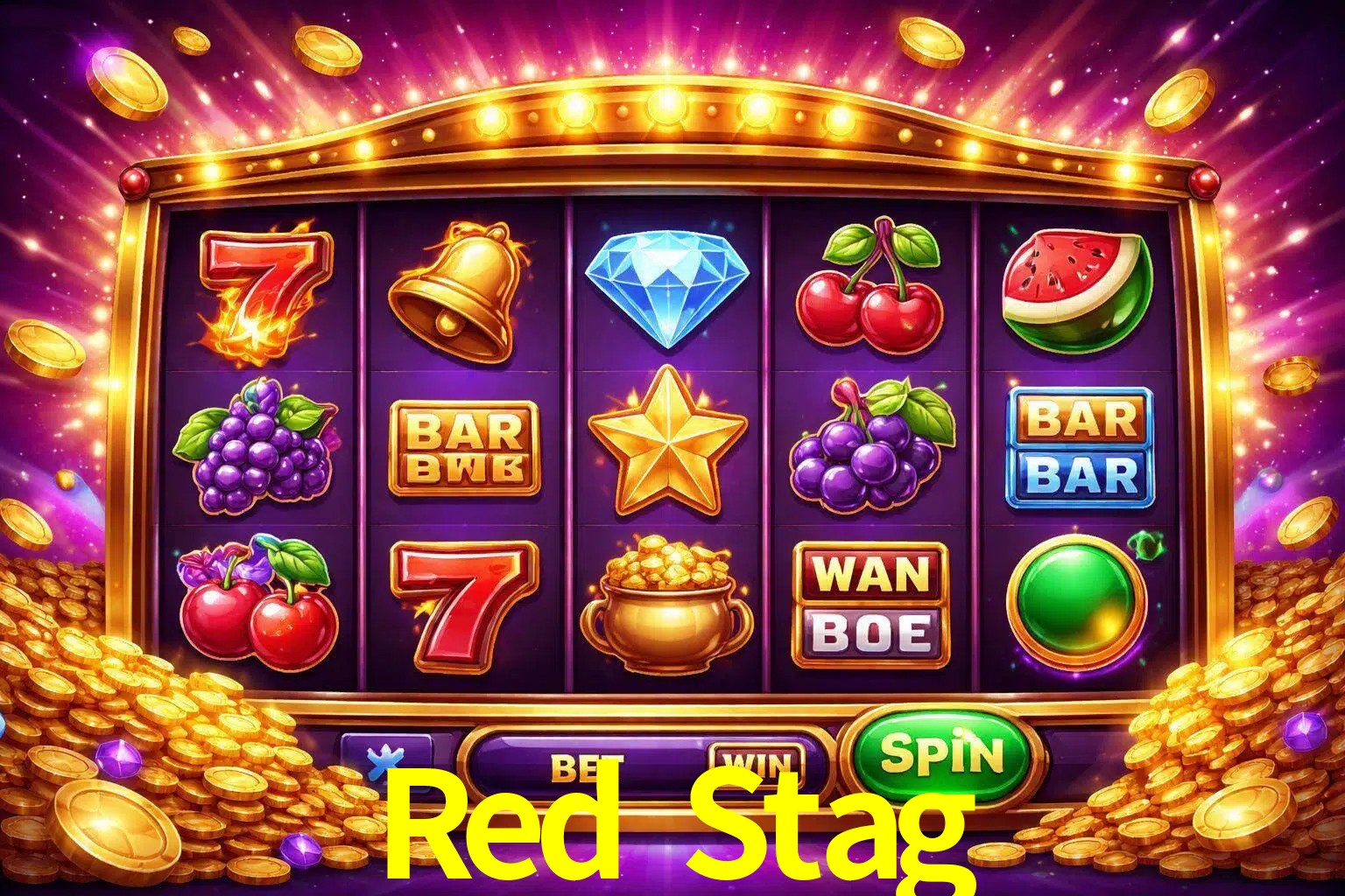 Una interfaz colorida de tragamonedas en línea con símbolos brillantes, monedas y un efecto de victoria celebratoria en Red Stag.