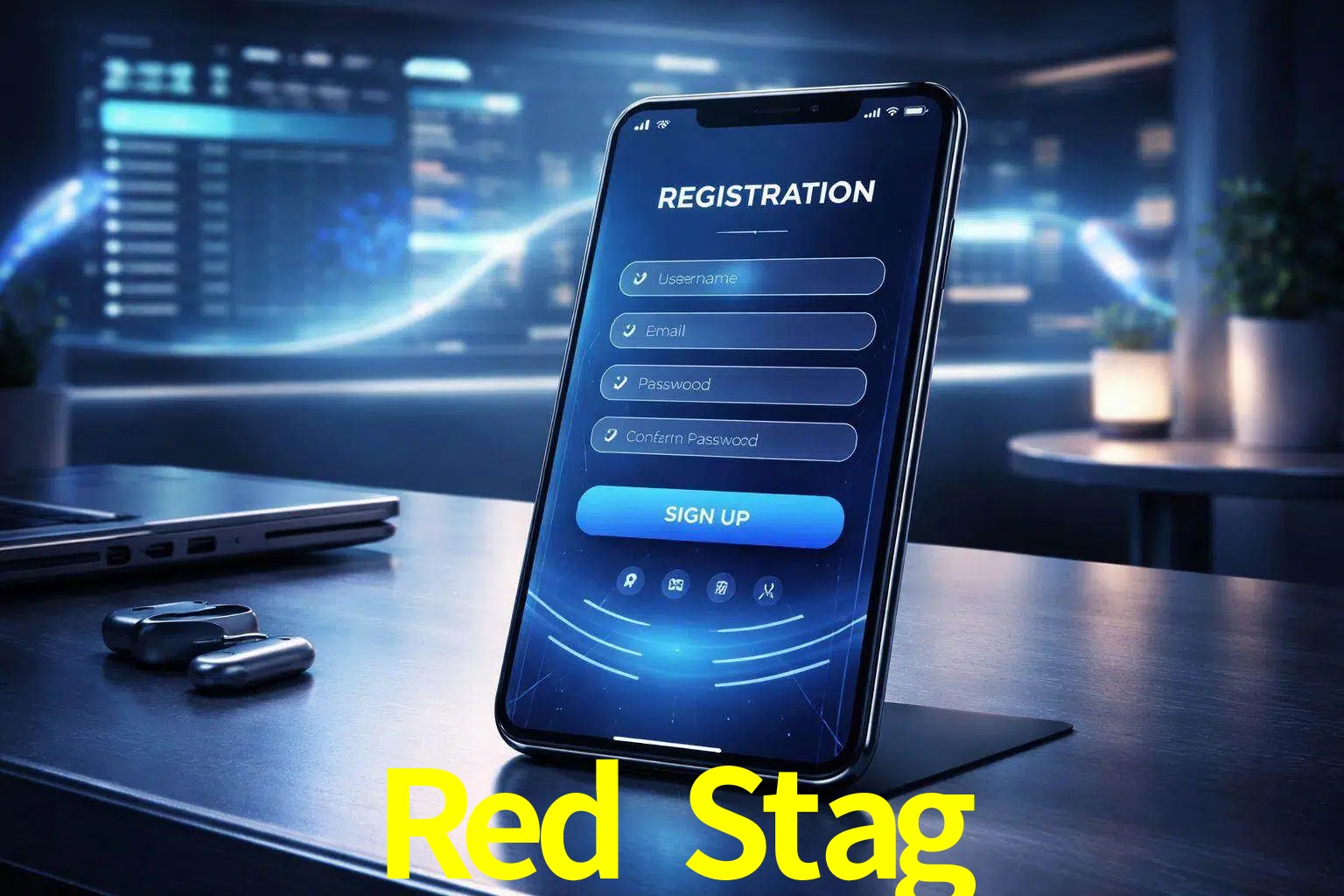 Una interfaz moderna de registro móvil para Red Stag mostrada en un smartphone con un panel de apuestas elegante.